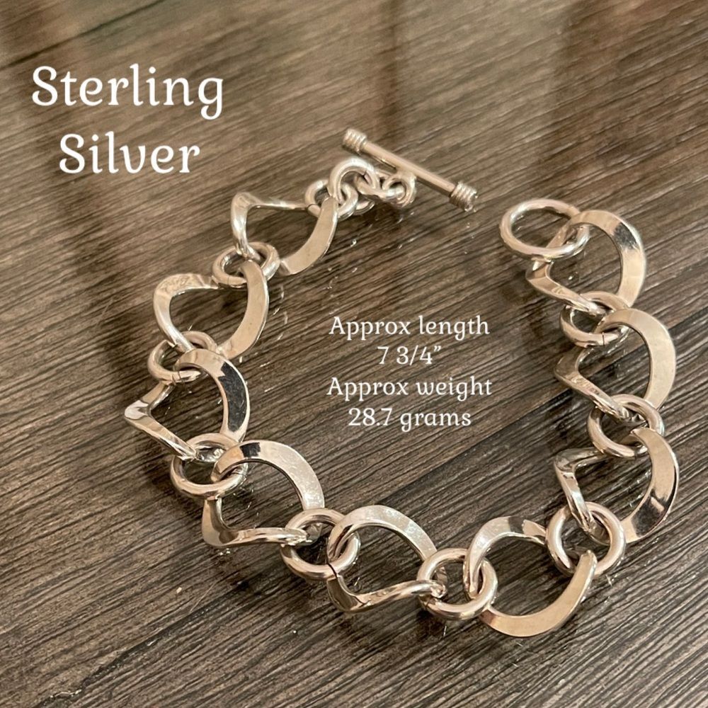 Vintage Sterling Silver Curved Circle Chain Link Toggle Bracelet, Length 7 3/4”